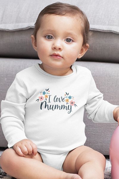 Overoz بدلة أطفال بأكمام طويلة مطبوع عليها عبارة "I Love Mummy Mom" من القطن العضوي - بذلة Zıbın 5434
