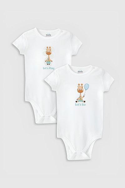 Overoz Giraffe Printed Organic Baby Bodysuit - 100% Cotton, Snap-On Bodysuit Set of 2 5198-5199