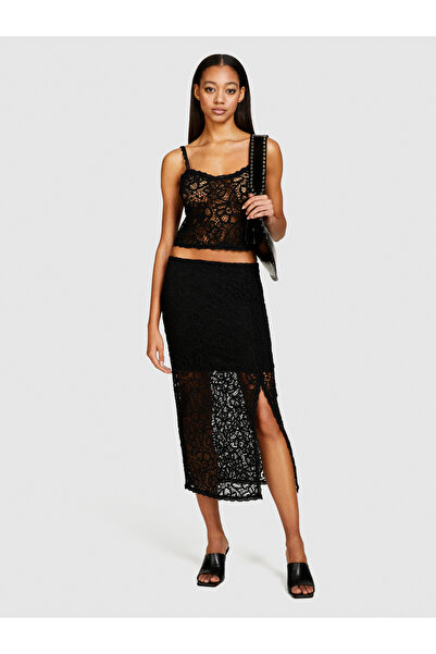 Sisley Kadın Siyah Pamuk Karışımlı Ayarlanabilir Askılı Tığ İşi Detaylı Üst