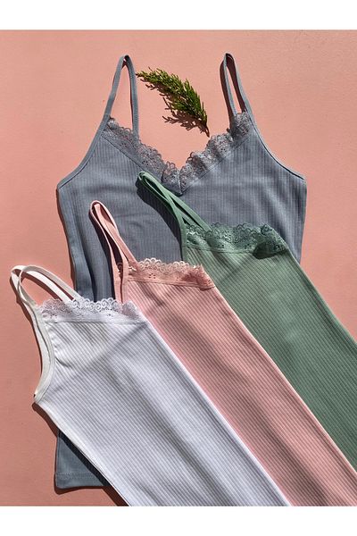 LEYNA BUTİK Women's 4 Rope Strap Cotton, Lycra, Lace, Ribbed Ribbed Undershirt (Pink-Blue-Green-White)