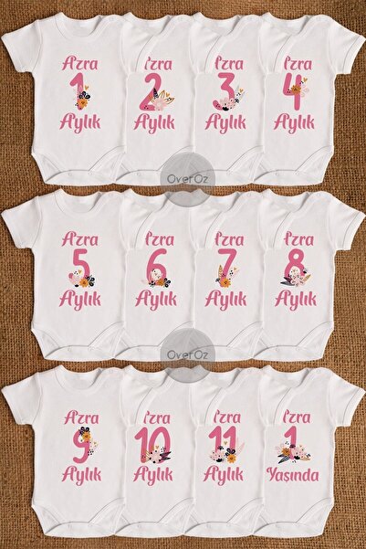 Overoz İsme Özel Kişiselleştirilebilir 12'li Aylık Bebek Body Seti Zıbın Yeni...