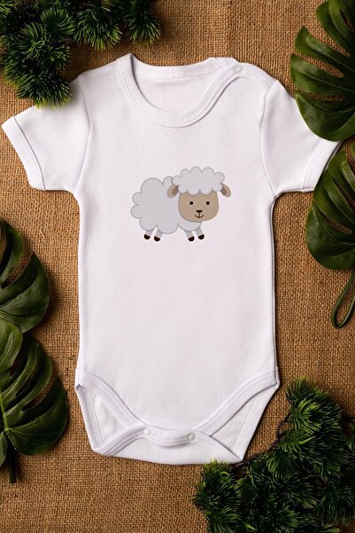 Overoz Lamb Printed Organic Cotton Baby Bodysuit - Snap Fastener, Short Sleev...