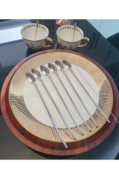 LOVYCO Set of 6 Stainless Chrome Straw Cocktail Bar Spoons and Cleaning Brush, Latte Spoon with Straw 22 Cm