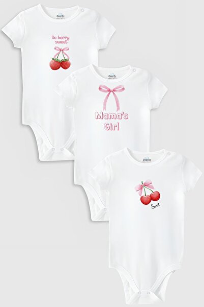 Overoz Organic 100% Cotton Strawberry Cherry 3-Piece Baby Body Set White Body...