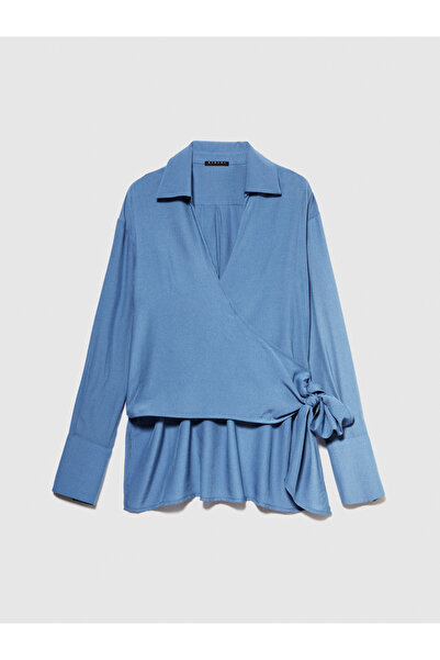 Sisley Light Blue Viscose Women's Blouse - Long Shirt Collar, Cross Back