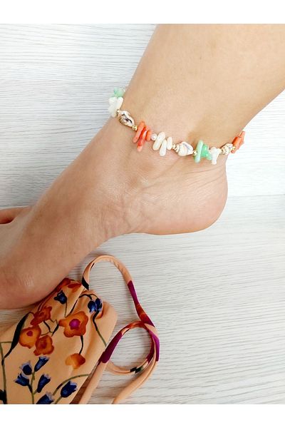 By Song Aksesuar Anklets with seashells and natural coral stones