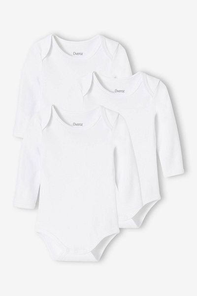 Overoz Organic 100% Cotton Plain White Basic Long Sleeve 3-Piece Baby Bodysuit Baby Bodysuit with Snap Fasteners Triple
