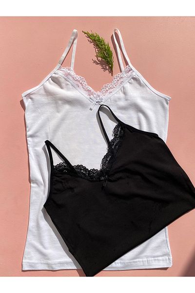 LEYNA BUTİK V-Neck Lace White and Black 2-Piece Cotton-Lycra Tank Top Set