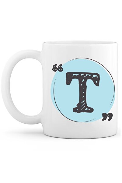 OXVİN فنجان قهوة مطحون حرف T تركواز طباعة خاصة (مفرد) بورسلين