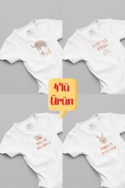 Overoz Bohemian Baby Bodysuit - 4-Piece 100% Cotton Organic, Bodysuit with Quadruple Badi Snaps 5663-5666
