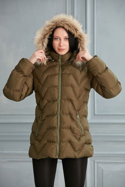 KaSheHa Kahverengi Tüy Peluş Çıkarılabilir Kapüşonlu Cepli Su Geçirmez Şişme ...