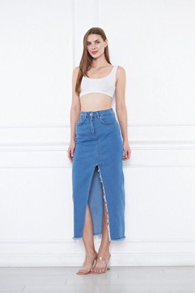 KaSheHa Mavi Önden Derin Yırtmaçlı Püsküllü Cepli Yüksek Bel Pamuklu Kot Etek 88 Cm