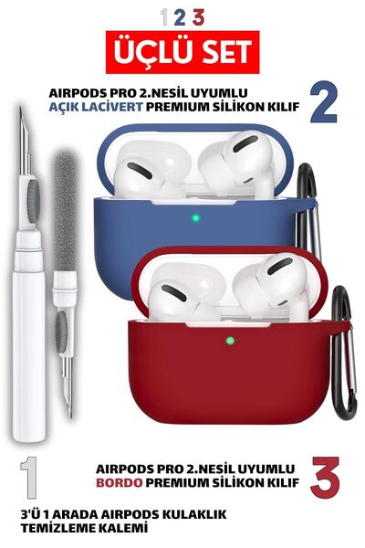 EWEC Üçlü Set | Pro 2.Nesil Uyumlu İkili Silikon Kılıf ve 3 in 1 Bluetooth Kulaklık Temizleme Kalemi Seti