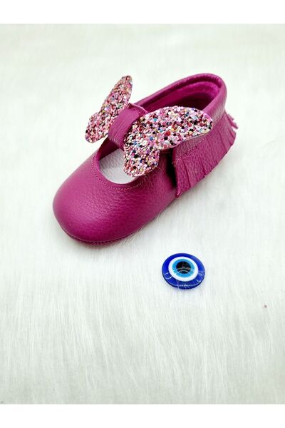Tiny Glitter Fuchsia - Genuine Leather, Easy and Comfortable Wear, Soft Moccasin, Hidden Elastic Ankle