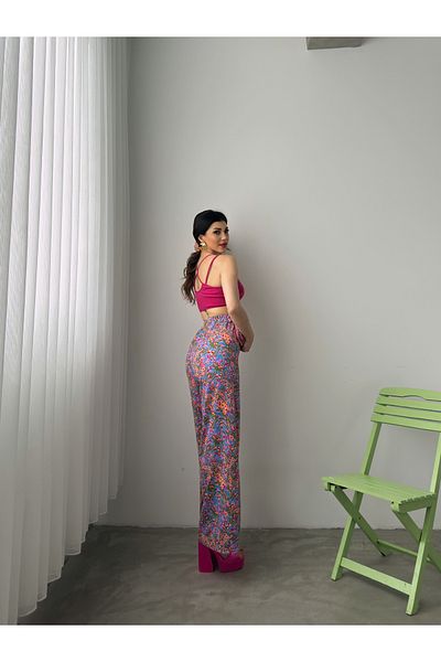 Fav Style High Waist Purple Patterned Women's Palazzo Trousers