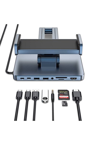 WIWU Type-C Hub Bağlantı İstasyonlu Ayarlanabilir Tablet Standı Wiwu AH801 8in1 HDMI (4K@60Hz) Girişli
