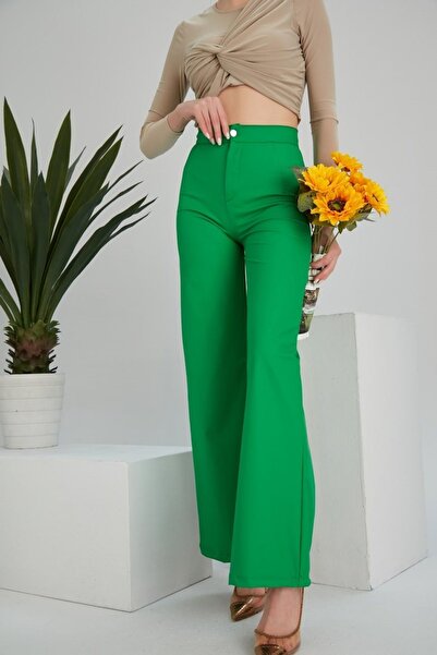 KaSheHa Yeşil Içi Polarlı Esnek Yüksek Belli Palazzo Mat Deri Pantolon 100 Cm
