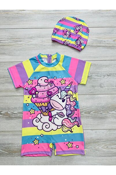 pistyle Kız Çocuk Batik Renkli Unicorn Desenli Bone Dahil Mayo