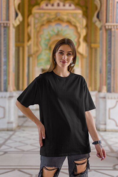 OXVİN Kadın Bisiklet Yaka Oversize Tişört Pamuk Basic T-Shirt (RAHAT KALIP)