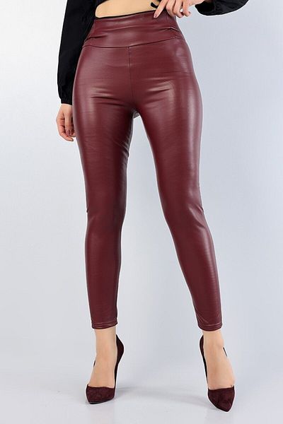 Siyah Kadın Burgundy Raised Woolen High Waist Full Mold Lycra Leather Leggings Pants 90 Cm