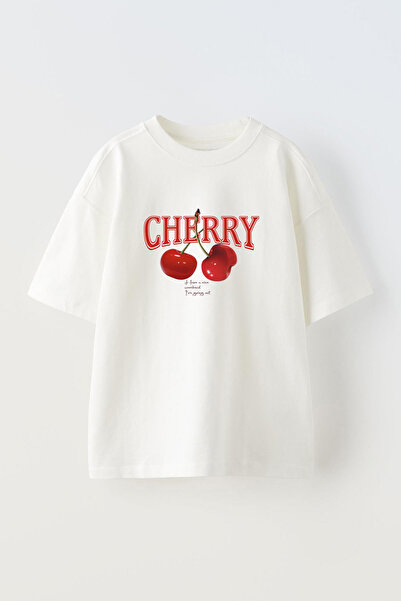 THEWERT Tricou oversize alb din bumbac imprimat unisex Cherry Design