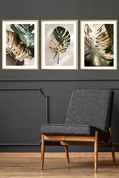 Linacci Üçlü Gold Metal Çerçeve Yeşil Sarı Yaprak Cam Poster Tablo Seti