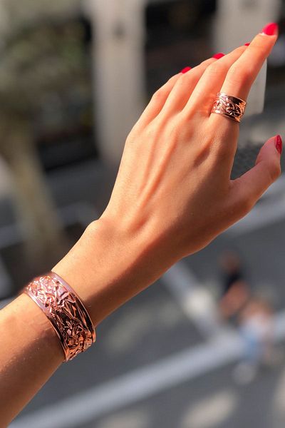 Miray hediyelik Copper Handcrafted Handcuff Ring Set