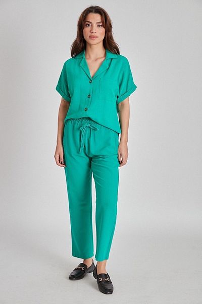 Suzi butik Grass Green Linen Women's Trousers - Lace-up, Textured 50371