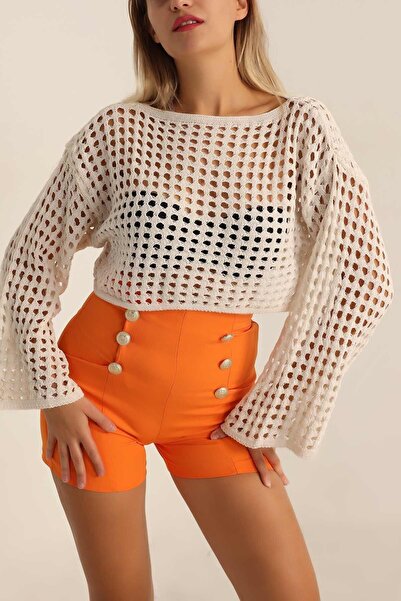 Siyah Kadın Bej Fileli Kayık Yaka Yarasa Kol Tunik Bluz 44 Cm