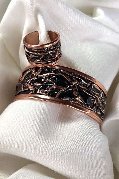 Miray hediyelik مجموعة أصفاد وخاتم من المينا السوداء المصنوعة يدويًا من النحاس