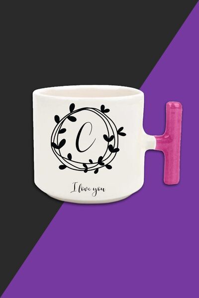 yhfoto كوب C I Love You بلون كريمي لاتيه - مقبض وردي