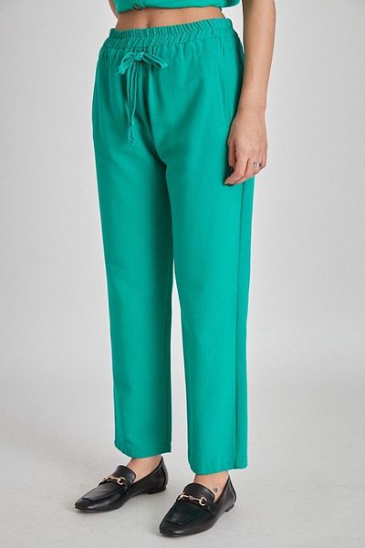 Suzi butik Grass Green Linen Women's Trousers - Lace-up, Textured 50371