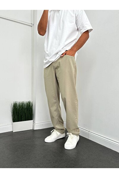 Genel Markalar Baggy Bej Renk Tansel Kumaş (ince kot) Bel Lastikli Rahat Kalıp Pantolon