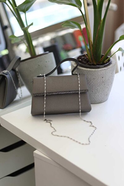 Moom Bag Platinum Color Satin Evening Dress - Shoulder Bag with Stone Stripe