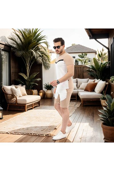 Fifty Color Unisex Συνδυασμός καλοκαιρινού σορτς και μπλουζάκι White-Camel