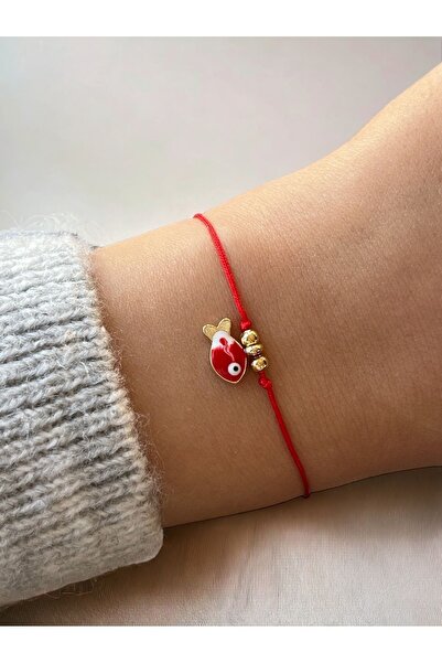 Jewelyf İp Balık Charm Ayarlanabilen Bileklik Şans Marteniçka Kırmızı