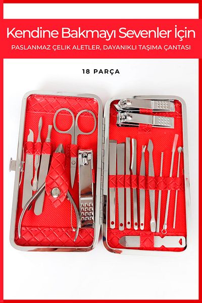 Nera Classy Stainless Steel Manicure&Pediküre 18 Piece Set with Red Leather Bag