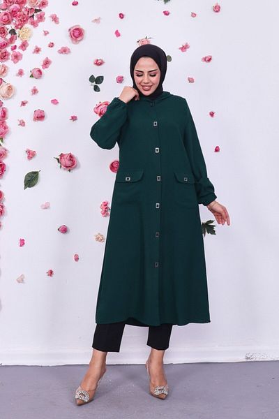 Marjinal City Long Hijab Cap Tunic - Hooded, Pocket and Snap Button
