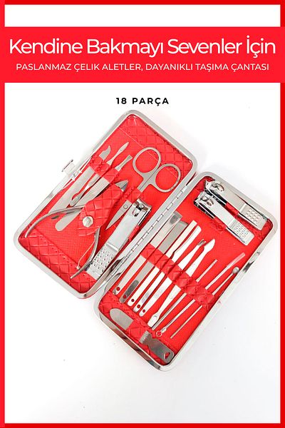 Nera Classy Stainless Steel Manicure&Pediküre 18 Piece Set with Red Leather Bag