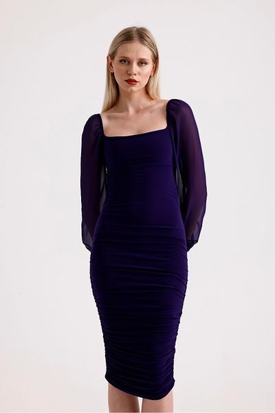 ADASTYLE Purple Drafe Sandy Chiffon Sleeve Square Collar Dress