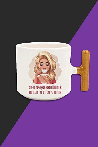 yhfoto كوب قهوة I Made Myself - كوب لاتيه بلون كريمي - مقبض أصفر