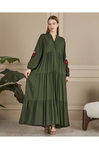BeyzaBayram Khaki Green Embroidered Viscose Loose Long Dress - Half Placket Layered Sleeves, Plus Size