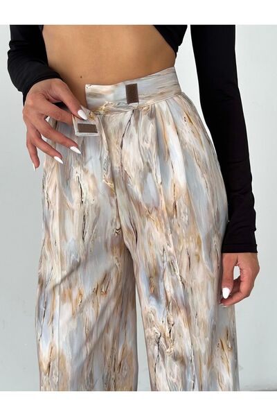 Genel Markalar Ütü Gerektirmeyen Mermer Desen Palazzo Cırtlı Kadın Pantolon