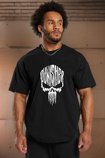 BESSA Ανδρικό μπλουζάκι Punisher με εμπριμέ μαύρο oversize βαμβακερό αθλητικό μπλουζάκι - Crew Neck