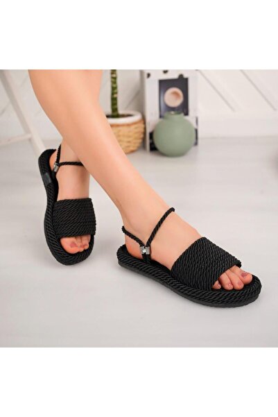 POLENS صندل من القش باللون الأسود - حزام واحد وحبل