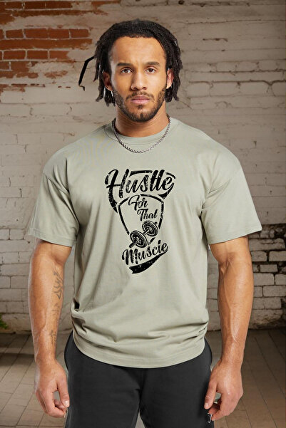 BESSA Ανδρικό Hustle Muscle - Μπεζ Crew Neck Oversize βαμβακερό αθλητικό μπλο...