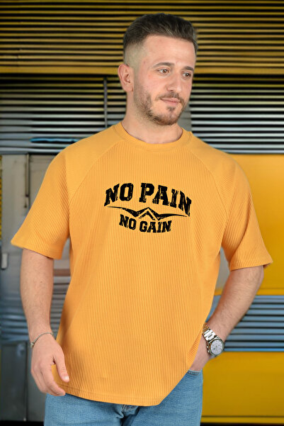 BESSA Мъжка тениска с надпис „No Pain No Gain“ – горчица, с ребриста яка, за ...