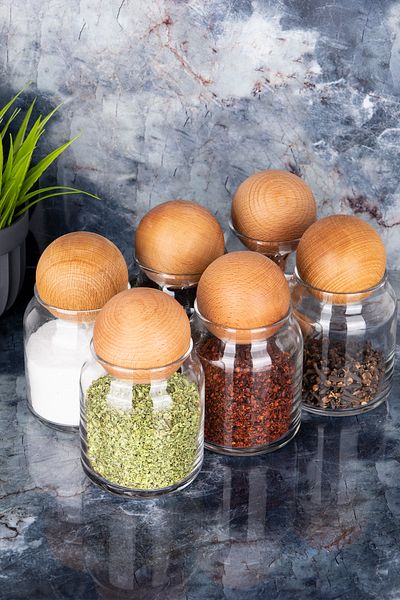 MODA OZY 300 Ml Glass Spice Bowl Snack Bowl Sugar Bowl Set - 6-Piece Wooden Ball Lid