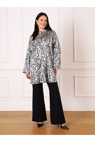 ALİA Large Size Floral Patterned Satin Tunic - Black - Beige - Alia