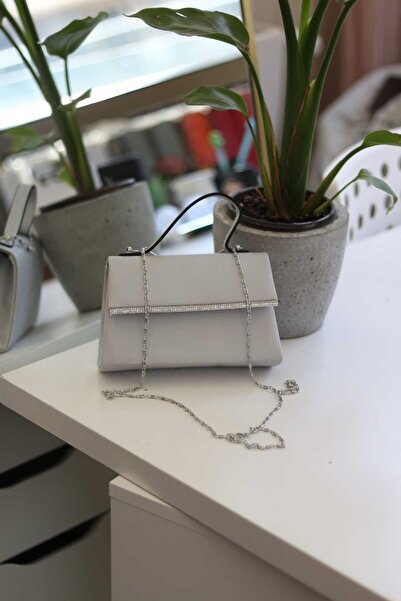 Moom Bag Gray Satin Stone Striped Women's Evening Dress Shoulder Bag